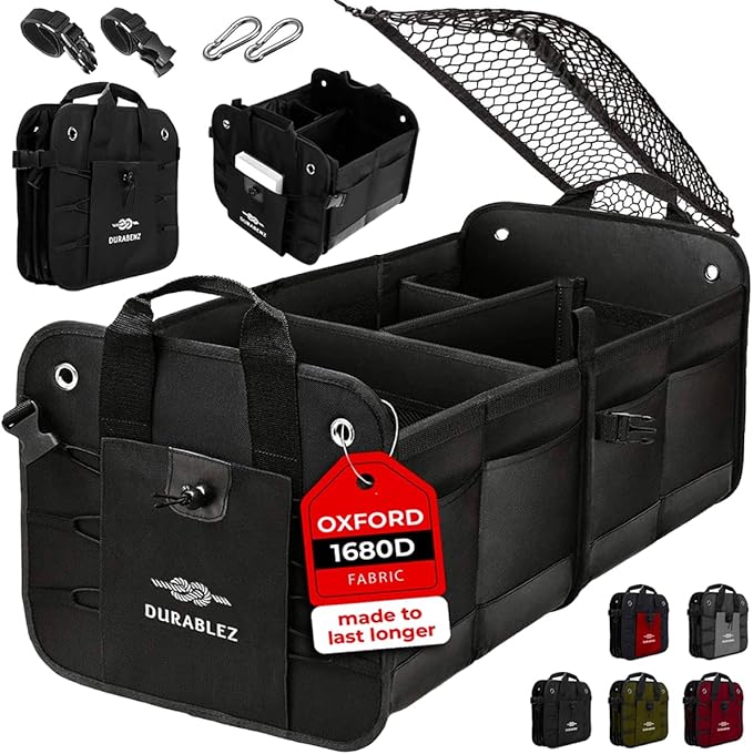 DURABLEZ 2-Section Trunk Organizer Foldable Car Storage Bin – Compact Dual-Compartment Auto Organizer with Cover Net, Non-Slip Pads, Heavy Duty Oxford 1680D – Black