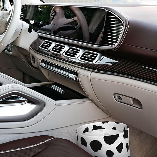 Black and White Cow Pattern Car Trash Can Leak Proof Hanging Waterproof Garbage Can Multipurpose Trash Bin for Car SUV Front Seat Headrest Collapsible and Portable Storage Pocket