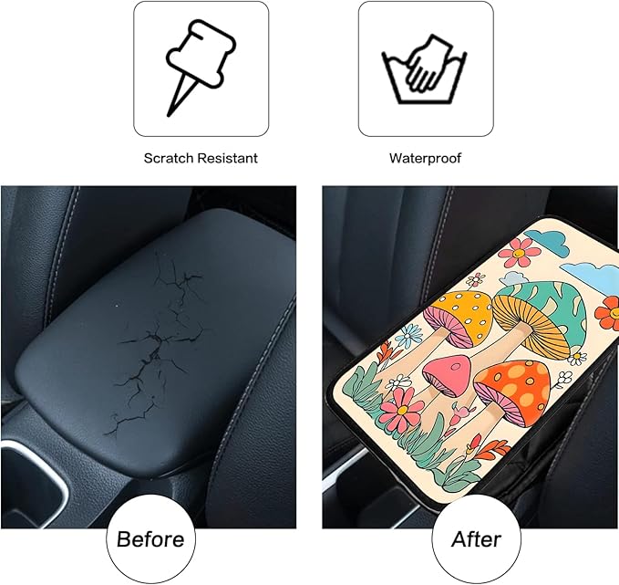 JANENFNA Car Armrest Cover Pads Universal Fashion Cute Auto Center Console Armrest Cover Pad with 2PCS Car Coasters Soft Waterproof Car Armrest Seat Protector for Women,Cute Mushrooms
