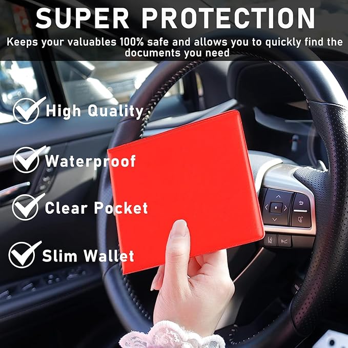 Kewucn 4 PCS Car Registration Insurance Holder, Essential Auto Card Glove Box Organizer, Vehicle Interior Accessories Perfect for Most Car, Truck, SUV (10.55''×4.8'', Red)