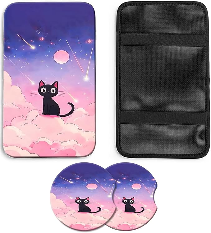 JANENFNA Car Armrest Cover Pads Universal Fashion Cute Auto Center Console Armrest Cover Pad with 2PCS Car Coasters Soft Waterproof Car Armrest Seat Protector for Women,Cute Cat on Pink Clouds