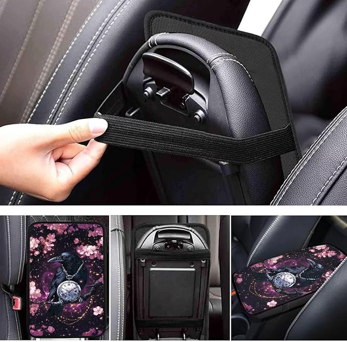 Raven Clock Print Armrest Cover Pad for Car Cherry Blossom Print Car Armrest Box Protector Pad Universal Fits for Sedan Truck SUV, Easy to Install Auto Decor for Women Men