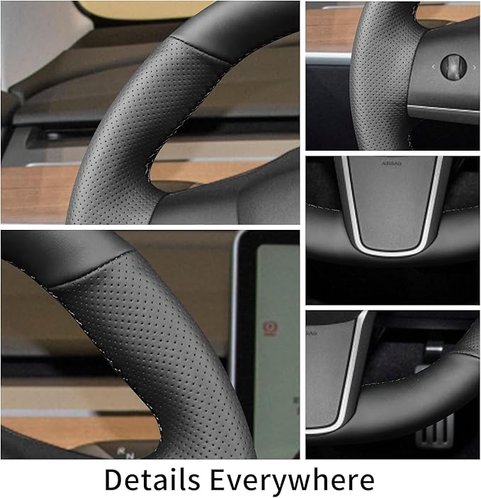 Yeolpise Hand Sewn Steering Wheel Cover,Fit for Tesla Model 3 2017-2023/Model Y 2020-2023,Non-Slip Breathable Microfiber Leather Steering Wheel Cover On Wrap Car Interior Accessories