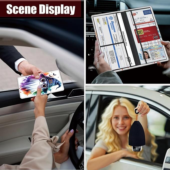 Car Registration Holder, PU Leather Vehicle Glove Box Organizer for Driver License, Document, Car Insurance Holder with Magnetic Shut, Auto Paperwork Wallet Case Accessories, Ghost Witch Hat Halloween