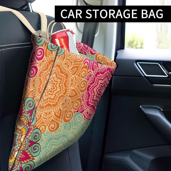 ABUIFDK Cute Car Organizer and Storage Bag, Hanging Trash Bin for Vehicle, Travelling, Camping - Colorful Flowers Pattern