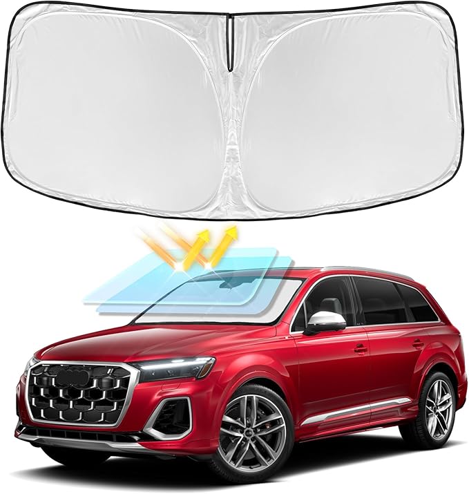 for Audi Q7 2016-2026 Windshield Sun Shade - 4 Layers Car Sunshades for Front Windows Shade Cover Custom Fit Q7 SUV Sun Visor 240T Retractable Shade Blocks UV Rays Car Accessories