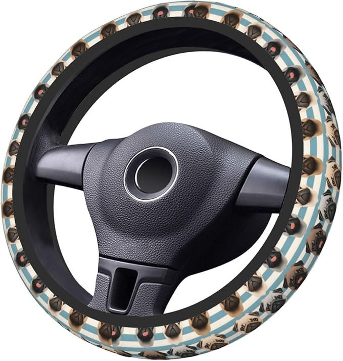 Black Yellow Pug Neoprene Steering Wheel Covers Women Men Car Accessories, Universal 15 Inch Fit Auto, Suvs, Truck