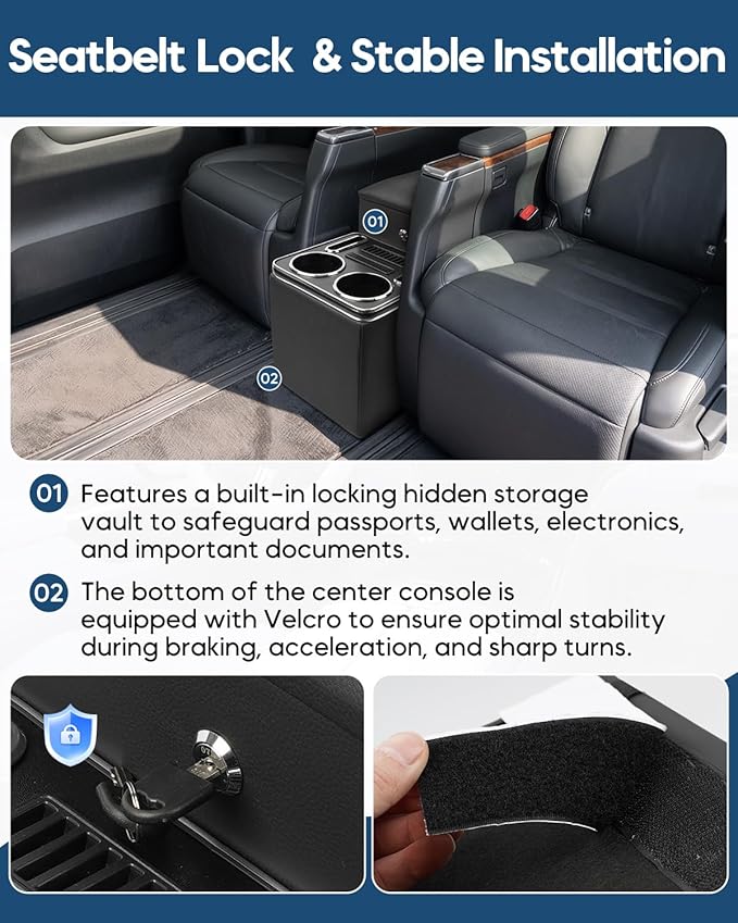 Center Console Between Seat with a Lock, Center Console Organizer for Minivans, Truck & Motorhome, Automotive Center Consoles with Cup and Phone Holder