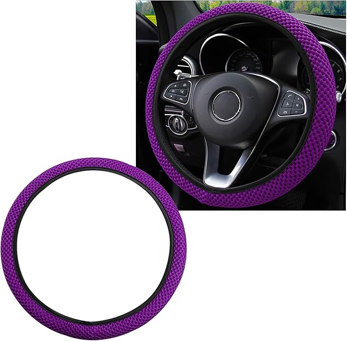 Elastic Steering Wheel Cover, 15"×15" Comfy Breathable Stretch Steering Wheel Protector, Ice-Silk Cloth Polyester Steering Wheel Cover for Men Women, Car Accessories (Dark Purple)