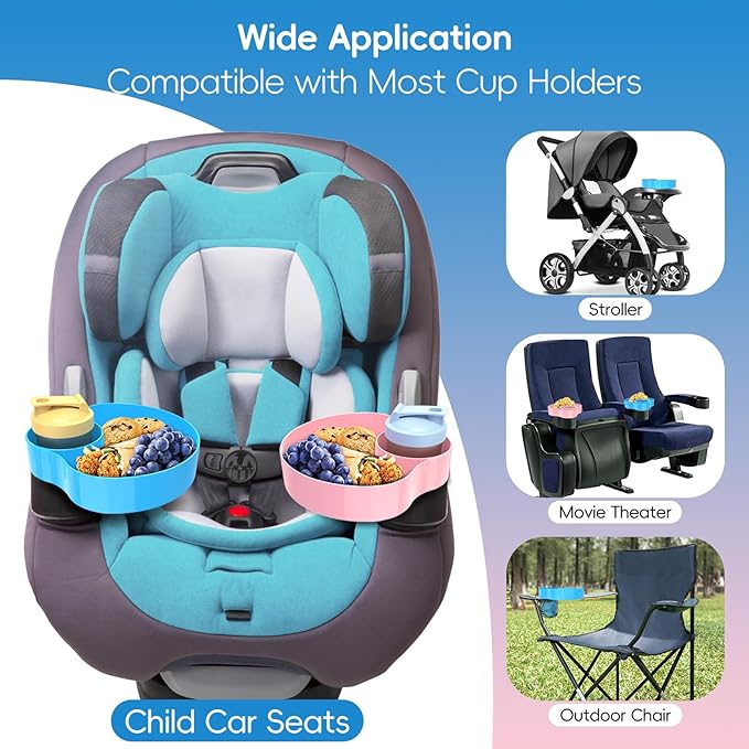 2PCS Resptasski Car Seat Cup Holder Snack Tray for Kids – Travel Tray for Car, Booster, Stroller, Outdoor Kit. Universal Adjustable Tray with Detachable Base for Snacks, Toys, Food (Sky Blue & Pink)
