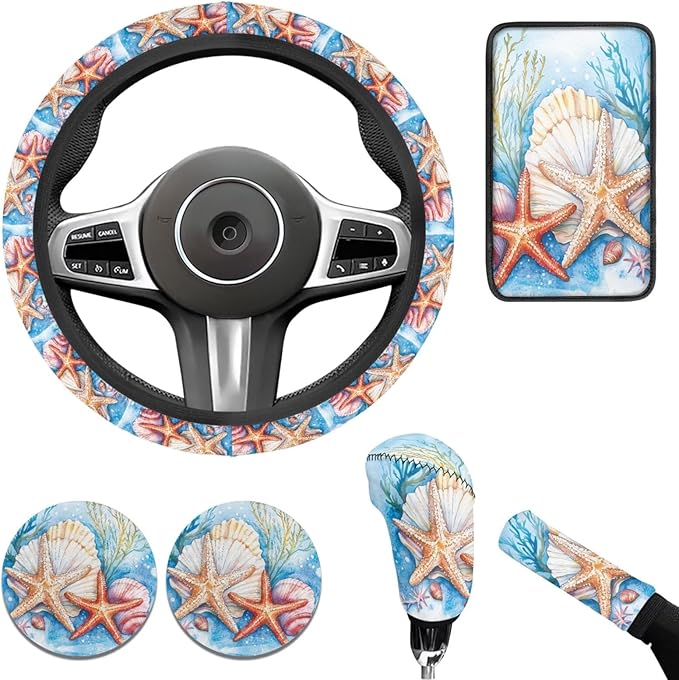Starfish & Seashells 6pcs Car Steering Wheel Cover Set Car Armrest Cover Handbrake Coer Auto Interior Sets for Men Women Fit for Trucks Vans Suvs