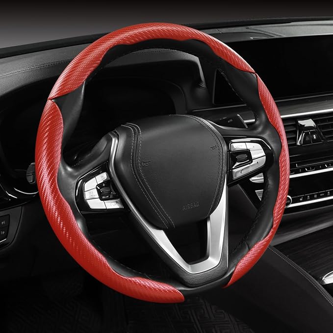 Carbon Fiber Steering Wheel Cover Anti-Slip Wrap Snap on Car Steering Wheel Accessories Grip 15 inch Universal 3pc Matte Red