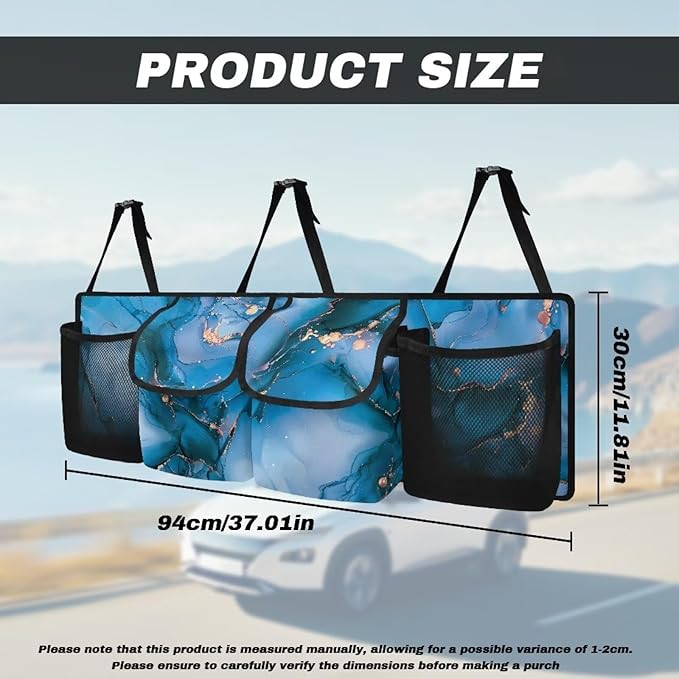 Car Trunk Organizer, Blue Marble Backseat Hanging Large Storage with Adjustable Straps & 4 Pockets, Waterproof Collapsible Cargo Bag, Car Interior Accessories