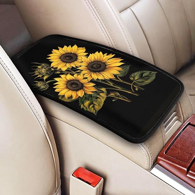 Car Center Console Cushion Pad Yellow Sunflower Universal Armrest Seat Box Cover Protector Flowers Comfortable Car Decor Accessories Fit for Truck Vehicles SUVs, Flower Floral Pad, Black