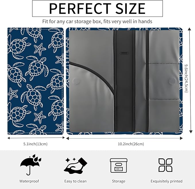 BAUCIWLD Premium Car Registration and Insurance Card Holder, Cute PU Leather Car Document Holder, Vehicle Glove Box Car Organizer with Magnetic Closure for Driver License, Cards Navy Turtle Starfish