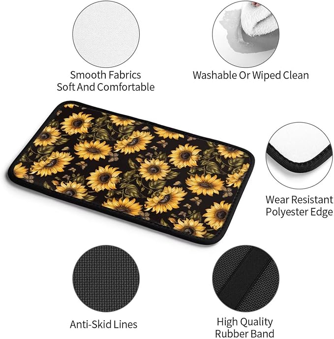 Sunflower Car Center Console Cover Yellow Black Flower Floral Armrest Box Covers SUV Van Sedans Truck Interior Accessories, Anti-Scratch Middle Console Lid Cushion Protector