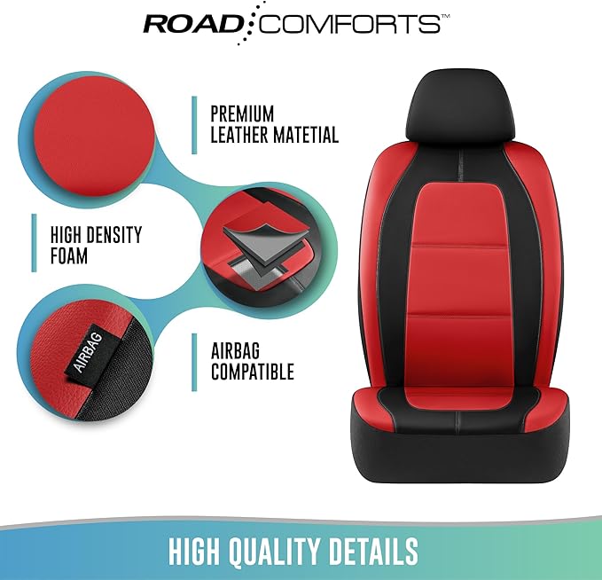 Road Comforts Car Seat Cover, Leather Car Seat Covers, Front Low Back Sport Seat Covers, Airbag Compatible, Universal Fits for Most Cars (Red)