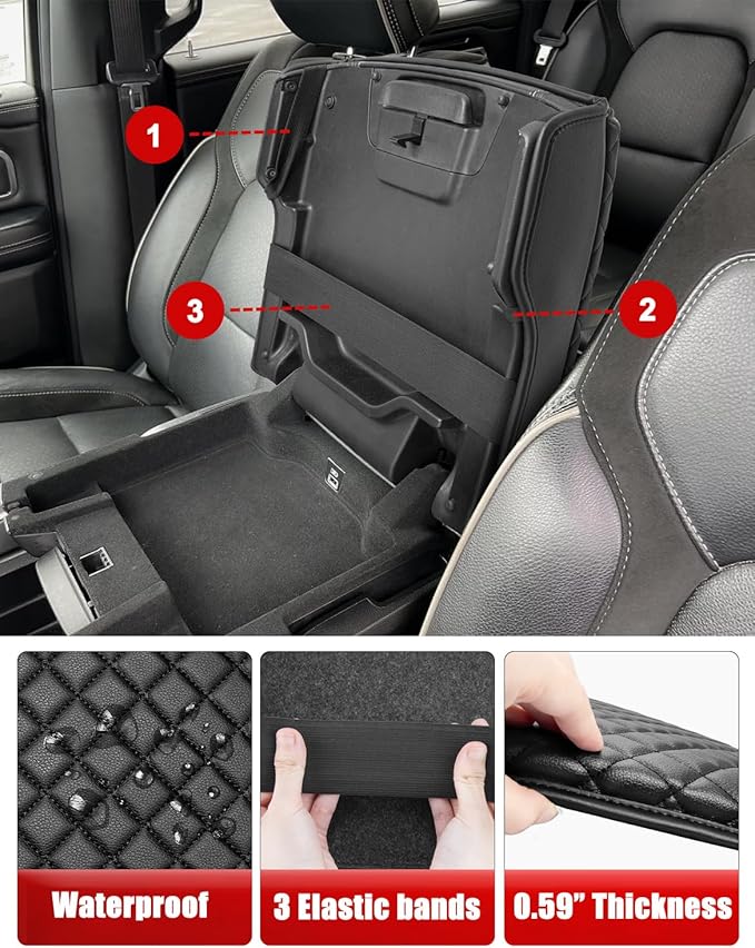 KBH Center Console Armrest Cover for Dodge Ram 1500 2500 3500 2019-2026, Floor Console Bucket Seat, Customized Front Arm Rest Lid Cushion Pad, Vinyl Leather, Anti-Scratch, Black