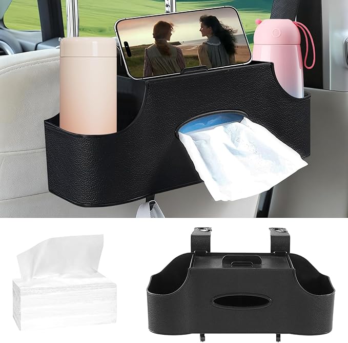 SADIFOKPLY Back Seat Car Organizer, Upgraded Multifunctional Car Storage Box, Hanging Back Seat Storage Organizer, with Phone Holder, Tissue Box, Cup Holders, Hooks (Type B - Black)