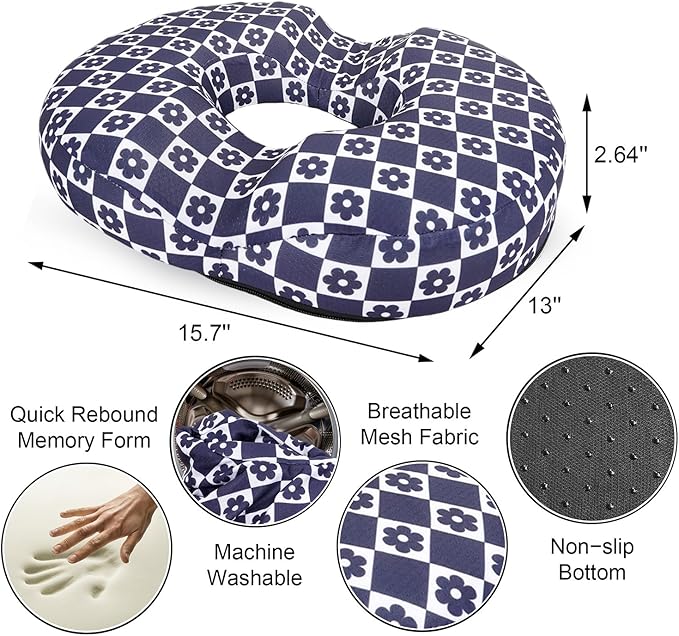 Donut Pillow for Hemorrhoids Seat Cushion for Tailbone Pain Relief - Daisy Buffalo Plaid Home Office Chair Cushion for Long Sitting Work - Memory Foam Car Seat Cushions for Driving Butt Pain Pressure