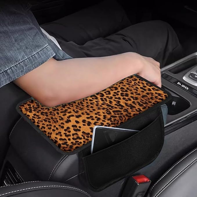 Dreaweet Cheetah Print Car Accessories Center Console Cover,Brown Leopard Print Car Armrest Cover Cushion Pad with Pockets,Universal Arm Rest Cover for Car Truck SUV Van