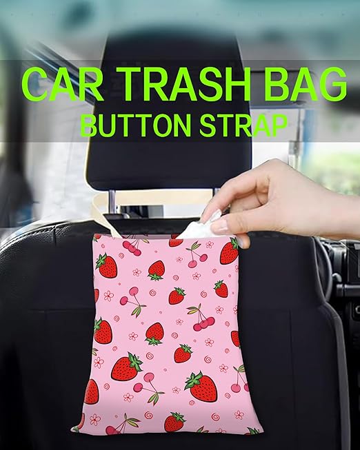 ANKVRP Car Trash Can, Durable Hanging Car Trash Garbage Bag, Cute Automotive Garbage Cans Organizer, Cute Pink Cherry Strawberry