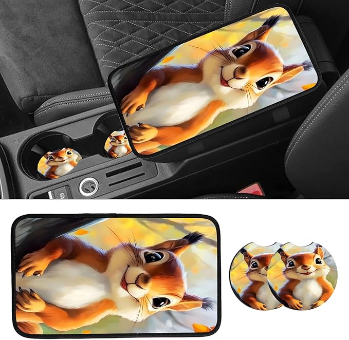 JANENFNA Car Armrest Cover Pads Universal Fashion Cute Auto Center Console Armrest Cover Pad with 2PCS Car Coasters Soft Waterproof Car Armrest Seat Protector for Women,Cute Squirrel