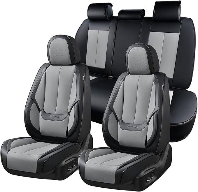 Coverado Seat Covers, Car Seat Covers Full Set, Leather Seat Covers for Cars, Car Seat Protector, Black Car Seat Covers Front Seats and Back Seats Universal Fit for Most Cars Gray
