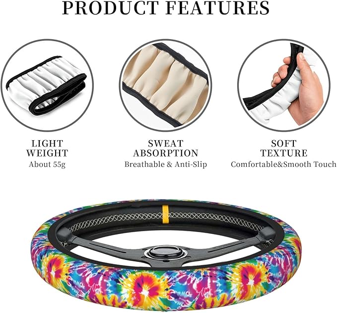 Tie Dye Neoprene Steering Wheel Cover for Men Women Anti-Slip Elastic Colorful Steering Wheel Protective Cover 15in Universal Car Accessories Fit Cars, SUVs, Auto