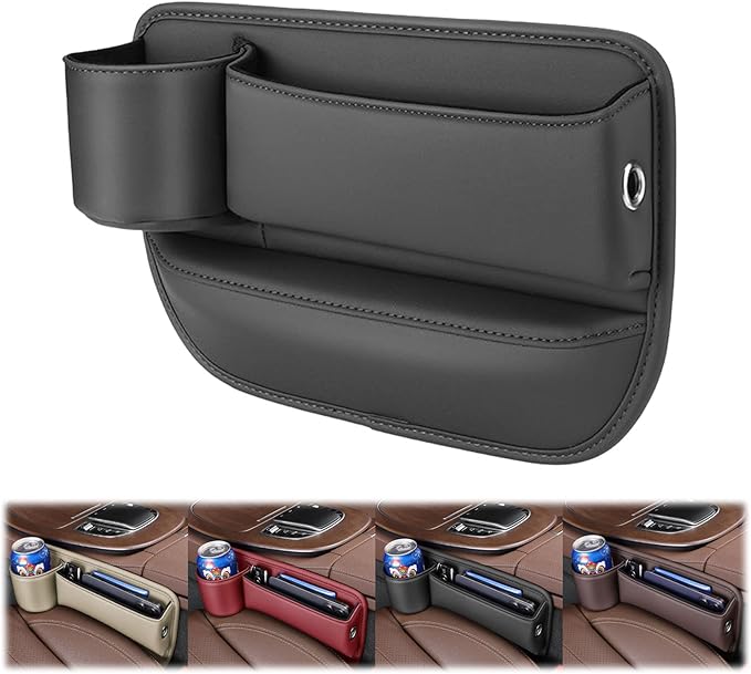 Peticehi Car Leather Cup Holder Gap Bag, No Logo Leather Car Seat Storage Box with Water Cup Holder, Car Seat Gap Filler Organizer (for Driver's seat,Black)