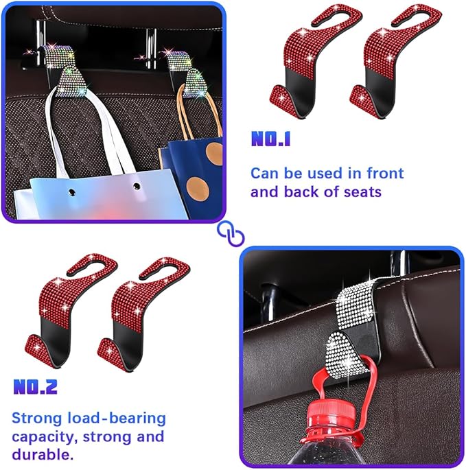 Bling Car Seat Headrest Hooks, 4PCS Crystal Rhinestone Vehicle Back Seat Hanger Holder for Handbags Purses Coats, Automotive Headrest Storage Organizer, Universal for RV SUV Truck (Red)