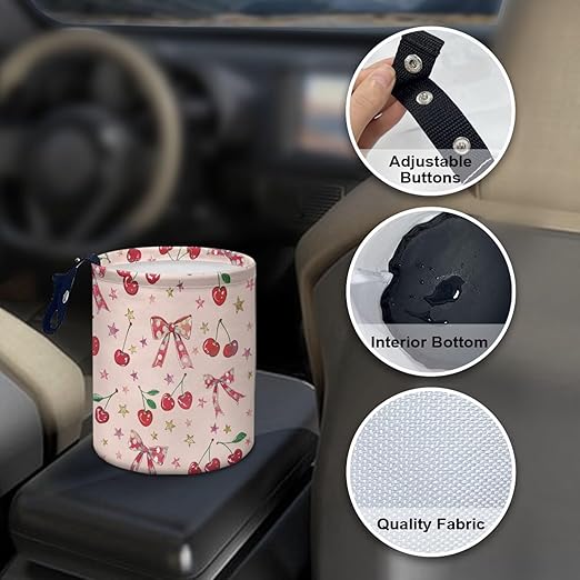 Brosoneto Car Trash Can Pink Cherry Bow Collapsible Portable Small Car Garbage Bin for Front Seat, Back Seat, Floor, Headrest Rubbish Bin Universal for SUV Trucks