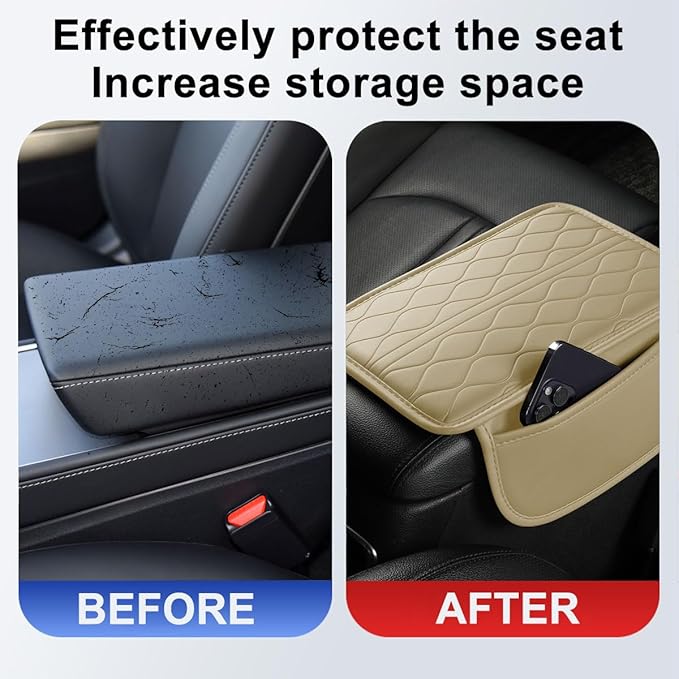 Car Center Console Cover, Leather Vehicle Armrest Seat Box Pad Cushion with 2 Storage Bags, Automotive Interior Arm Rest Protector Accessories, Universal for SUV, Sedan, Truck (Beige)