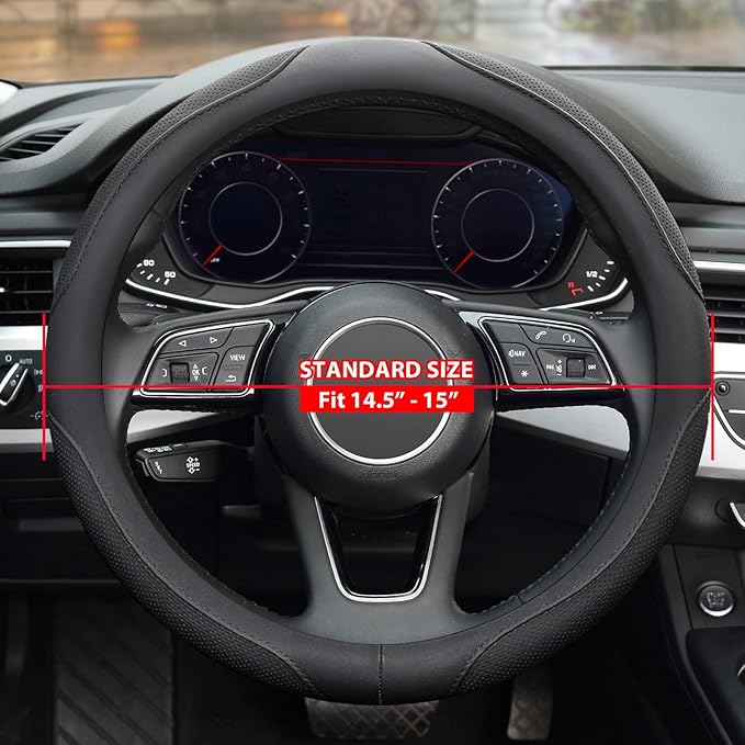 ZHO Microfiber Leather Steering Wheel Cover, Universal 14.5-15 Inch Breathable Anti-Slip Odorless Car Steering Wheels Accessories for Men Women, Black