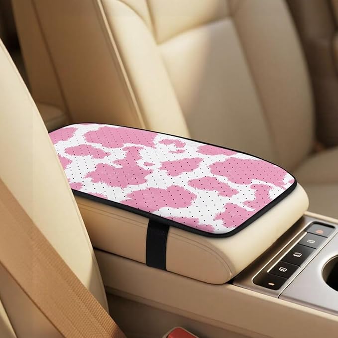 FUSURIRE 5 Pieces Pink Cowhide Print Car Accessories Set PU Front Seat Covers, Seat Belt Covers & Center Armrest Pad for SUV Car Truck