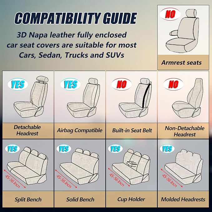 Car Seat Covers Full Set for 5 Seats - Nappa Leather 3D Foam Back Support, Super Breathable, All Season Car Seat Cushion with Storage Bags, Universal Fit for Most Cars, Colour- Black Gray