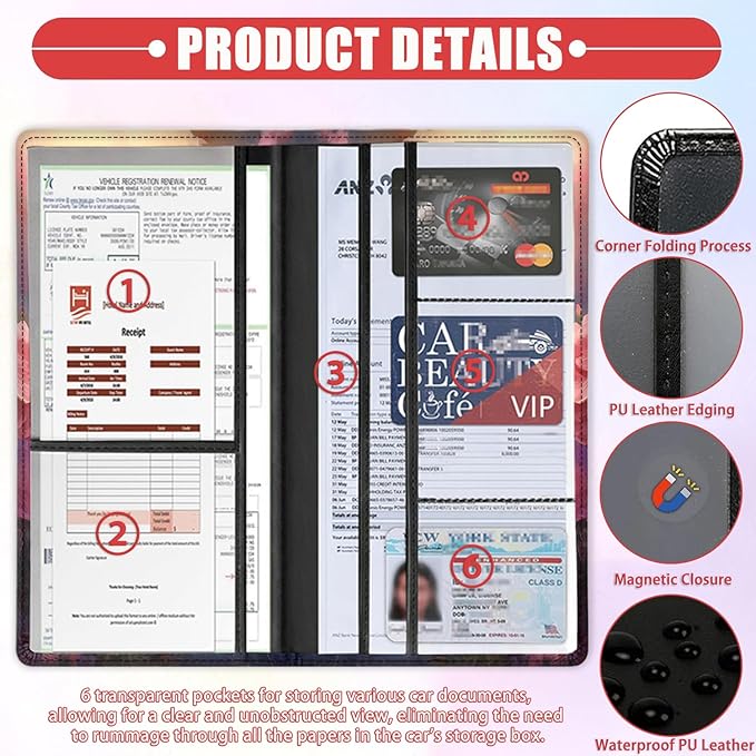 Car Document Holder with Magnetic Shut, Car Registration & Insurance Card Holder, Waterproof PU Leather Glove Box Organizer Vehicle Accessories Driver License for Women/Men, Hummingbird Pattern