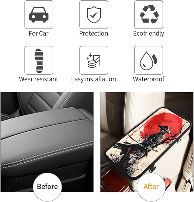 indokyeyqaz Universal Car Center Console Cushion Pad, Retro Japanese Samurai Soft Waterproof Car Center Console Cover Auto Armrest Seat Box Cover Protector for Most Vehicle SUV Truck Car