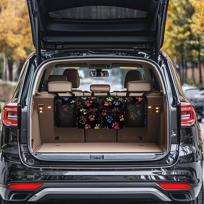 Dreaweet Colorful Dog Paw Print Trunk Organizer for Car Women Hanging Seat Back Storage Car Backseat Trunk Organizer Collapsible Car Storage Bag with 4 Pockets SUV Car Organizer