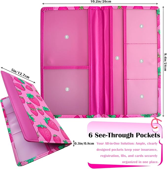 FinestHouse Car Registration and Insurance Holder with Magnetic Closure, Universal Document Organizer for License, Insurance Cards & Glove Box Storage (Strawberry-Hot Pink)