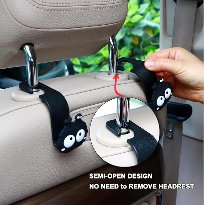 Car Seat Headrest Hook Soot Sprite Plush Auto Hooks for Purses and Bags, Cute Car Accessories, Universal Vehicle Storage Organizer, 2pcs (Sprite-Ear)