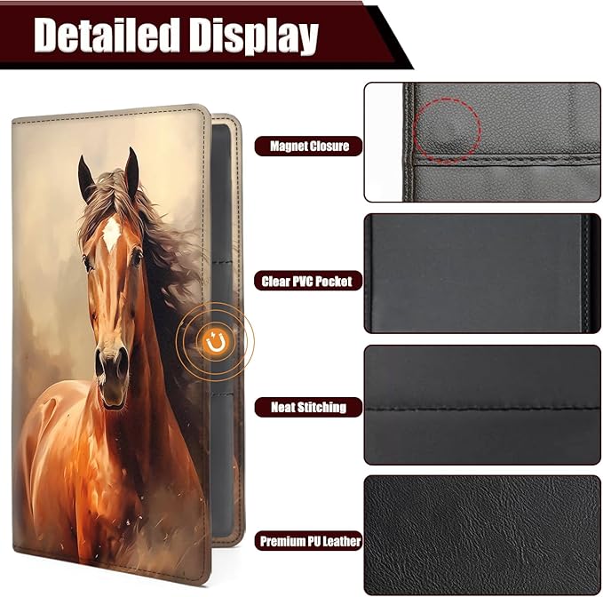 Yuxcfhjfe Car Registration and Insurance Holder, PU Leather Auto Document Holder for Men&Women, Vehicle Glove Box Compartment Organizer with Magnetic Shut for Driver's License, Horse Pattern