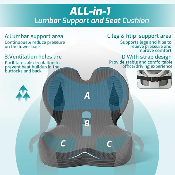 Memory Foam Seat Cushion with Lumbar Support Pillow,Office Chair Cushion,Ergonomic Car Seat Cushion,Designed for Tailbone,Sciatica,Back Pain Relief,for Office,Car,Truck,Desk Chair (Black Honeycomb)