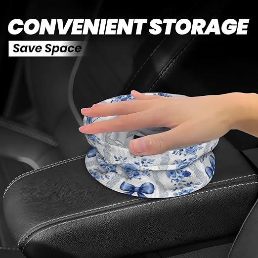 Blue Floral Lace Ribbon Car Trash Can Leak-Proof Waterproof Hanging Trash Bin Collapsible Garbage Can for Car Accessories Travelling Camping