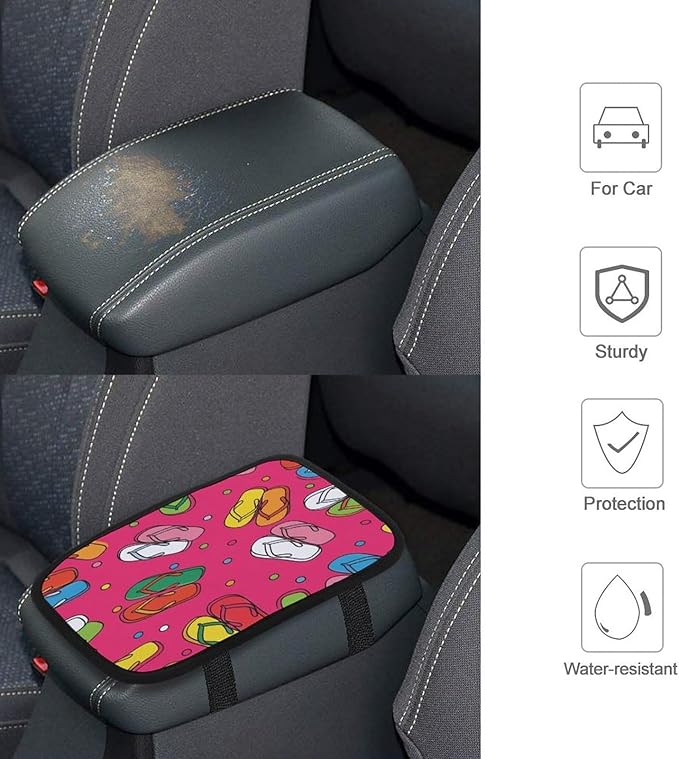 Colorful Flip Flops Pattern Car Center Console Decor Handrail Armrest Box Cushion Interior Covers Car Protector Pad Lid Cover Accessories Universal Fit for Auto Truck Vehicles