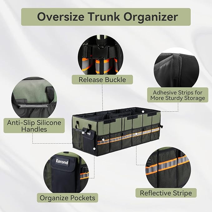 EAROND Car Trunk Organizer with Lid,Collapsible Car Storage Organizer with Multi Compartments and Securing Straps for SUV,Sedan,Jeep-Green