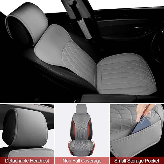 1 Pack Leather Front Car Seat Cover, Universal Sideless Car Seat Protector with Storage Pocket and Seat Belt Pad, Waterproof Automotive Seat Cover Cars Trucks SUV(Grey)
