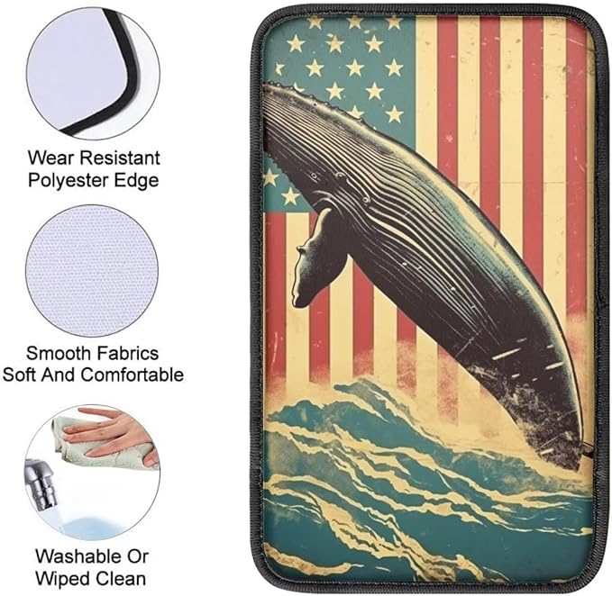 Car Center Console Pad, Universal Waterproof Car Armrest Seat Box Cover, Car Interior Accessories for Most Vehicle SUV Truck Vintage American Flag Whale Car Armrest Pad