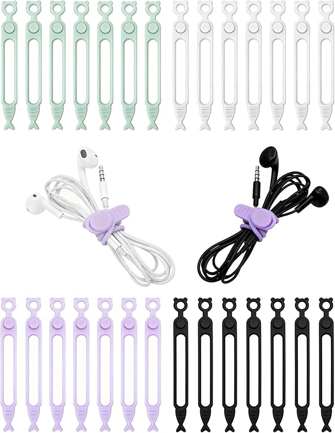 Ortarco 28 Pcs Silicone Cable Ties Reusable, Cable Cord Organizer Straps for Charging Wire, Computer Cords, 4 Color