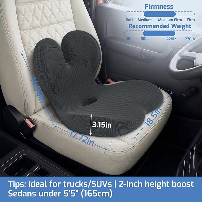 Trucker Seat Cushion, Car Seat Cushion Memory Foam Ergonomic Lumbar & Tailbone Support Pillow for Hemorrhoid, Coccyx & Sciatica Relief, for RV, SUV, Office Chair, Wheelchair (Black Embroider)